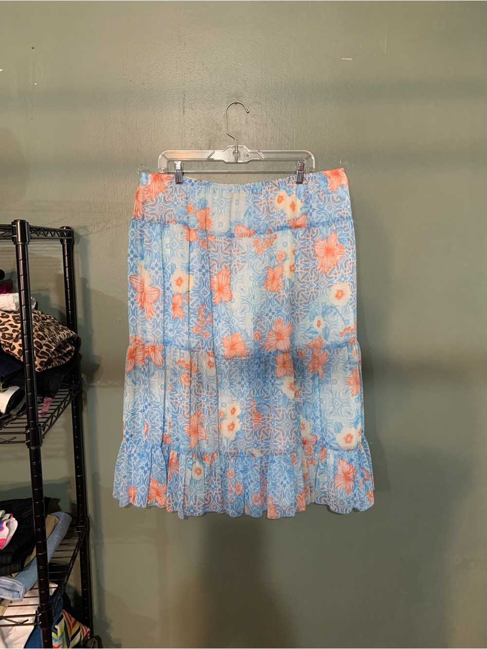 Ruby Rd. Light Blue Midi Skirt with Coral Floral Print WAIST 20, WITH STRETCH 28